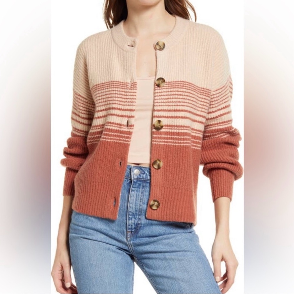 Madewell Ciara stripped Colorblock Button-Up Cardigan Sweater Cream and brown